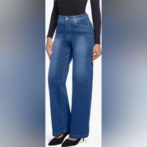 Ettelo Women's Wide Straight Leg High Waisted Stretch Jeans Size 14, Dark Blue